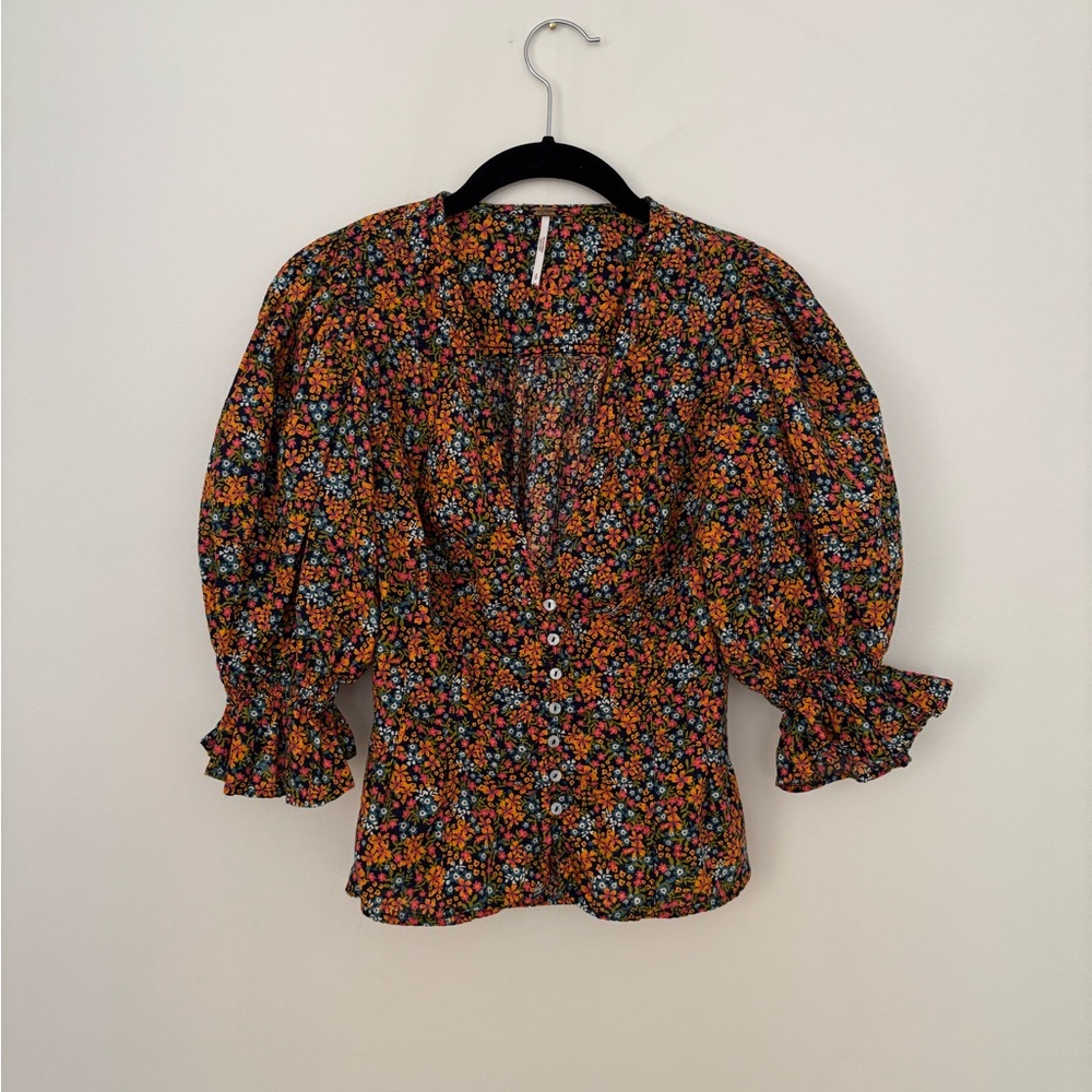 Free People Navy Floral Puff-Sleeve Button Blouse